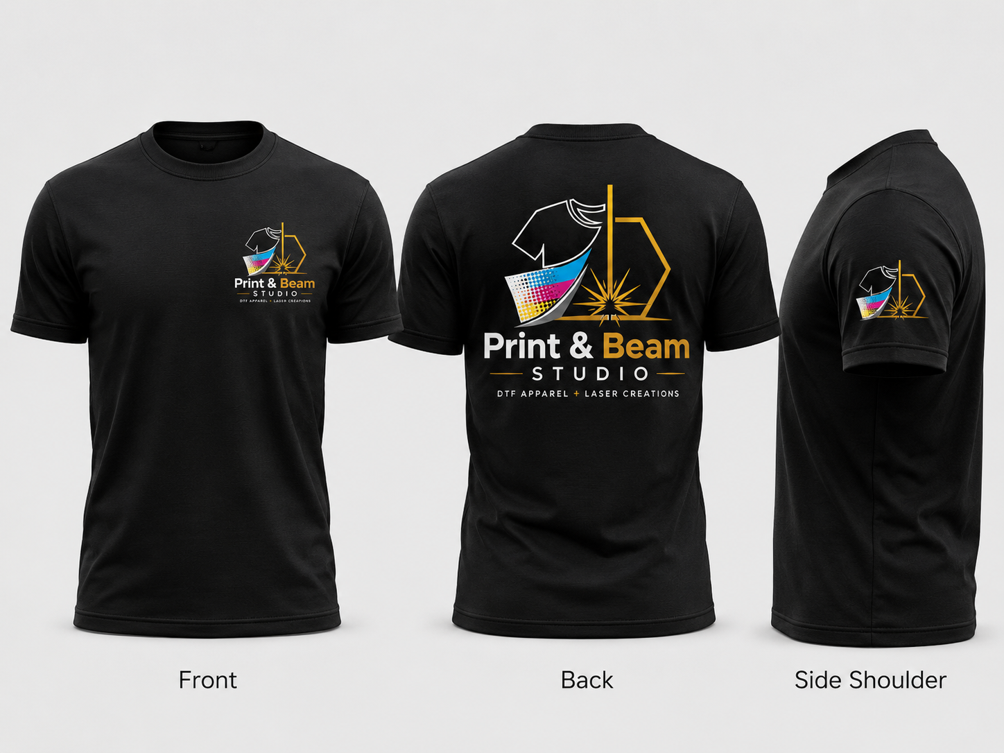 Custom apparel — front, back, and side shoulder placement